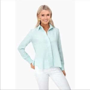 Tuckernuck Adele Sea Glass Pleated Back Side Slit Button-Down Top Size XS